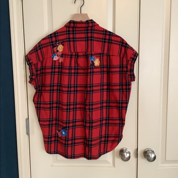 Madewell Red Plaid Cotton Blouse Floral Embroidered Oversize Sleeveless Size M - Picture 2 of 4